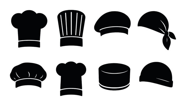 Various chef hat silhouettes collection on black background
