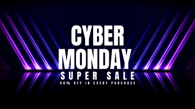 Cyber monday super sale with purple and blue neon lights on a dark background scene - Powered by Adobe