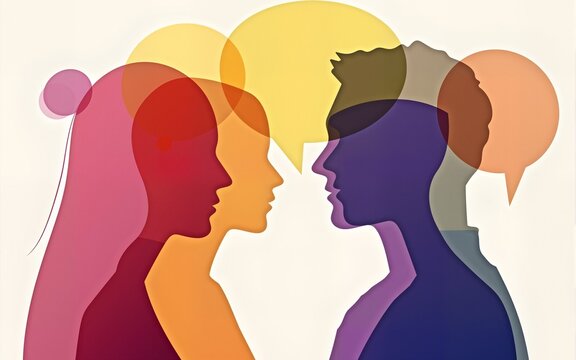 abstract human silhouettes with overlapping colorful speech bubbles, symbolic communication and discussion concept, vivid transparent illustration of social interaction and idea exchange