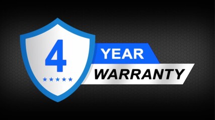4 year warranty premium shield badge. Blue security guarantee emblem, product protection label, trust assurance icon on modern dark background.