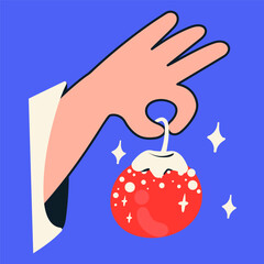 Hand holding a Christmas toy, ball. Flat vector illustration.