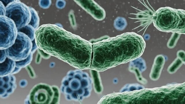 Animated microscopic view of bacteria and cells moving, a stunning biology animation for educational or scientific projects and research materials