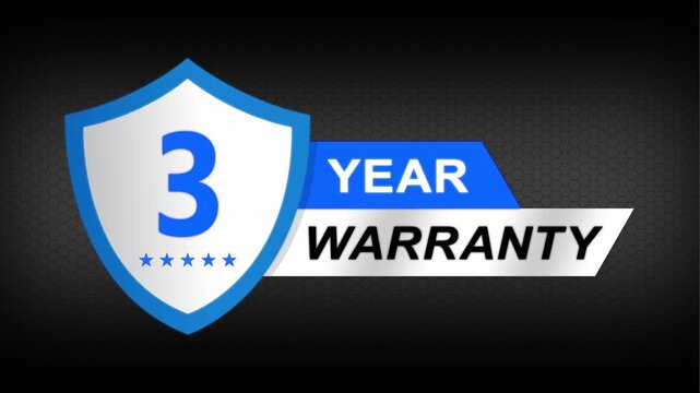3 year warranty premium shield badge. Blue security guarantee emblem, product protection label, trust assurance icon on modern dark background.