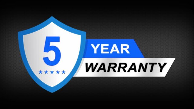 5 year warranty premium shield badge. Blue security guarantee emblem, product protection label, trust assurance icon on modern dark background.