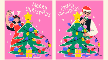 Woman and man decorates Christmas tree with toys and garland greeting card set. Hand drawn Christmas tree with gifts, lights and toys. Preparation for New Year.