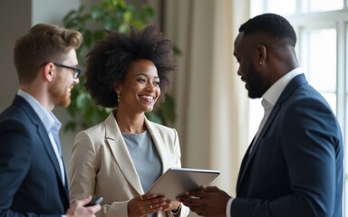 Ellegant afro woman holding digital tablet and speaking to colleagues, making business report. High quality