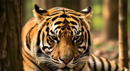 A peaceful close-up of a Sumatran tiger resting under soft forest light, highlighting natural patterns and serene mood.