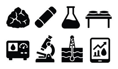 Oil exploration icons: drilling, laboratory, equipment