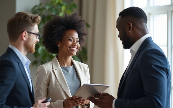 Ellegant afro woman holding digital tablet and speaking to colleagues, making business report. High quality