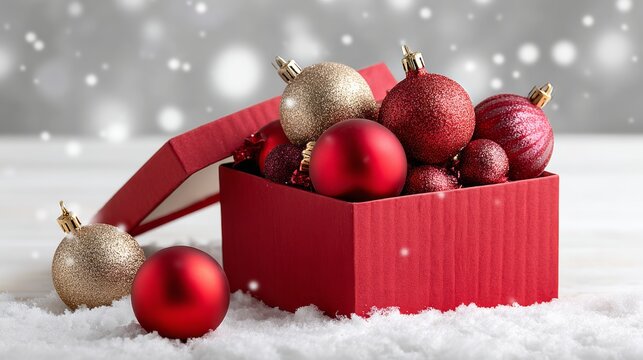 Red gift box filled with shiny Christmas ornaments, including gold and red baubles, placed on a snowy surface, creating a festive holiday atmosphere with soft falling snowflakes