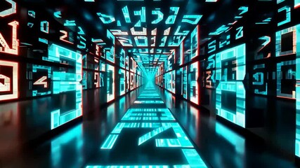 Futuristic digital corridor with glowing blue and red neon lights and floating numerical data creating a high-tech environment - Powered by Adobe