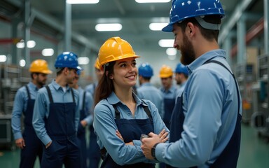 woman worker and engineer under inspection and checking production process on factory station. Factory Engineer. Professional Heavy Industry Engineer Worker. Team of factory workers. High quality