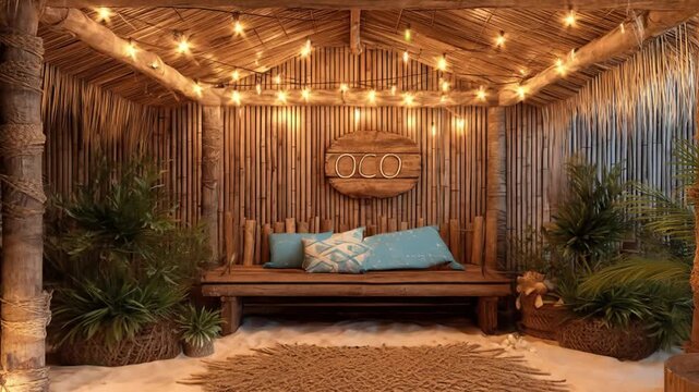 A cozy beach-themed scene featuring a wooden bench with cushions, string lights, and natural materials