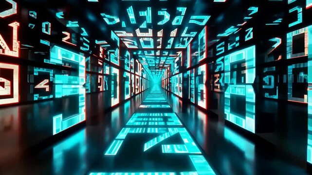 Futuristic digital corridor with glowing blue and red neon lights and floating numerical data creating a high-tech environment - Powered by Adobe