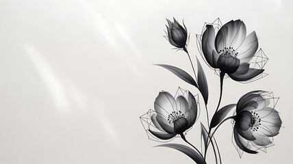 Black and white digital drawing of stylized flowers on a textured background