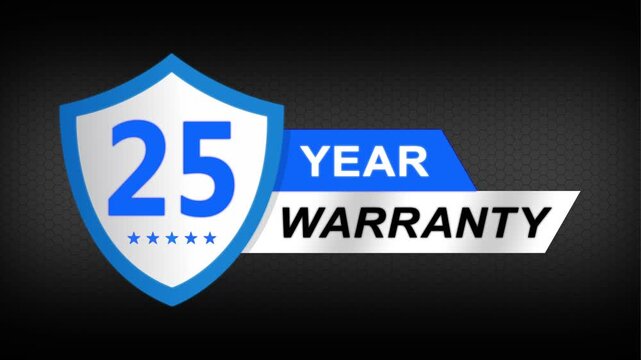 25 year warranty premium shield badge. Blue security guarantee emblem, product protection label, trust assurance icon on modern dark background.