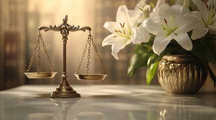 Fototapeta premium Elegant justice scales with lilies conveying fairness and balance in legal matters
