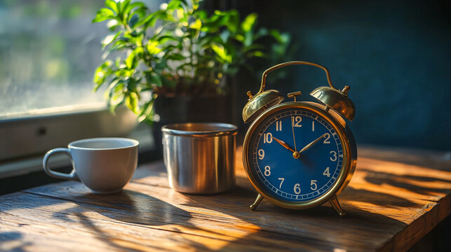 Wake up to a bright day with coffee and golden vintage alarm clock on wood table