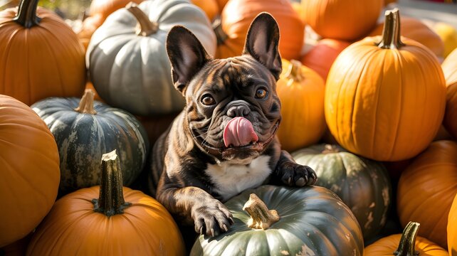 Adorable french bulldog puppy among a pile of autumn pumpkins