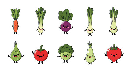 Cartoon vegetables illustration isolated fresh produce with cheerful faces