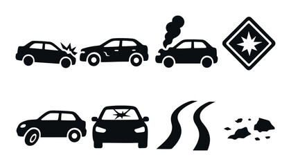 Car accident and hazard symbols: collision, smoke, skid marks, and road hazards
