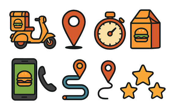 Fast food delivery icons - scooter, location, timer, package, phone, route, stars