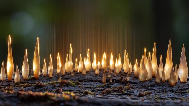 Glowing, sharp, translucent structures on a mossy log with green background and light beams