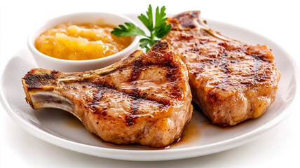 Two perfectly grilled, tender pork chops served with a side of golden applesauce and a parsley garnish on a white plate.