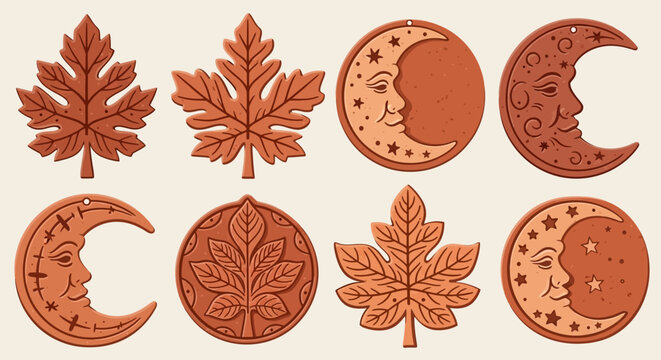 Eight terracotta ornaments of autumn leaves and crescent moons with human faces on a creamcolored background