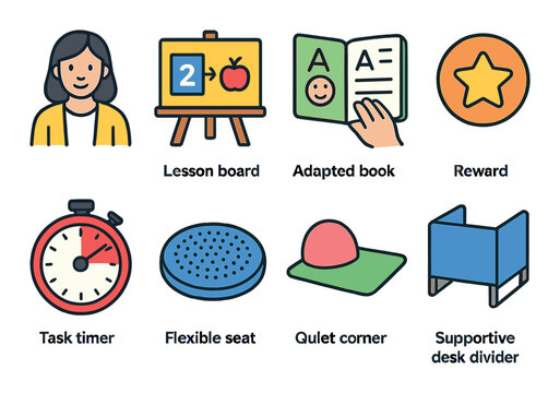 Educational tools for diverse learning needs with illustrated icons