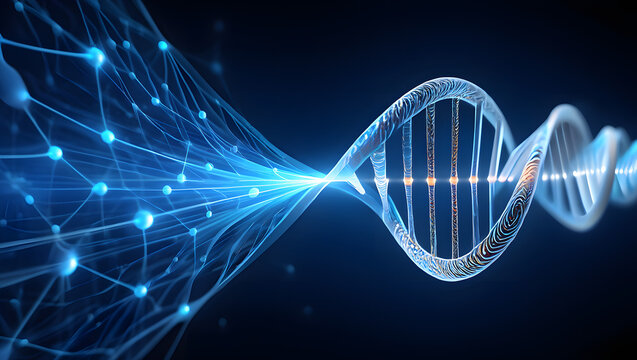 The intricate and mesmerizing double helix structure of DNA, representing genetics, science, and biological innovation in a futuristic blue glow - Powered by Adobe