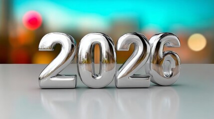 Shiny metallic numbers 2026 displayed on a reflective surface, with a blurred colorful background, symbolizing the arrival of a new year and fresh beginnings in a vibrant atmosphere