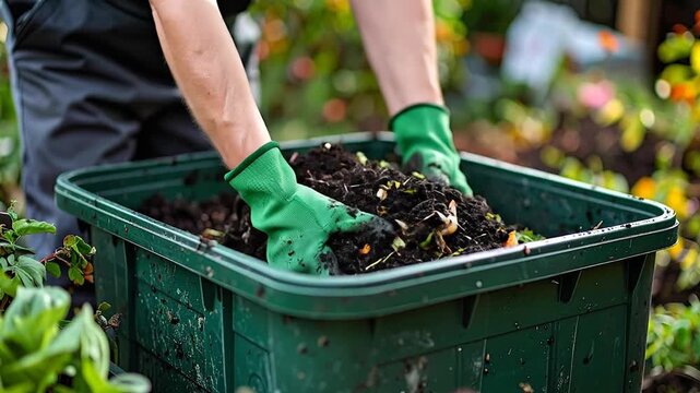 Gardener's hands wearing green gloves turning compost in a green bin in a garden