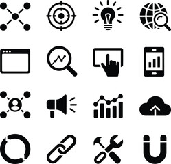 Collection of black and white seo and marketing icons arranged in a grid on a white background
