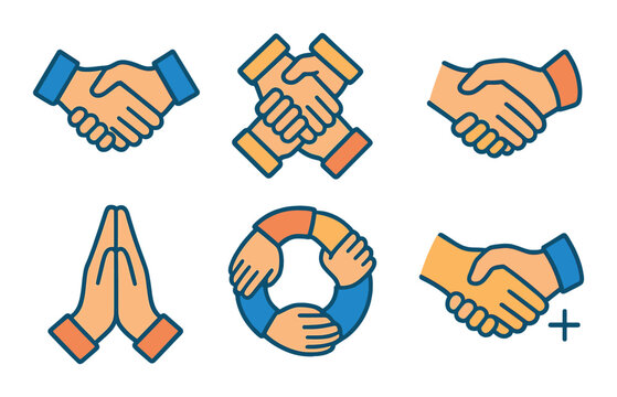Colorful handshake and teamwork symbols set on gradient background