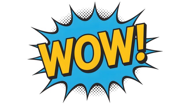 Bright blue comic book style explosion with the word wow in yellow
