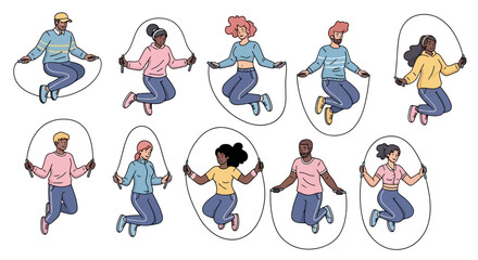 Group of people jumping rope in a cartoon style illustration.