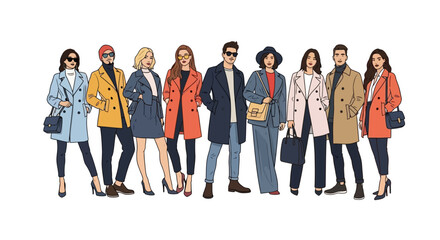 A diverse group of stylishly dressed men and women standing together, showcasing fashionable outerwear and accessories.
