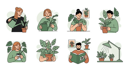 Collection of illustrations depicting people interacting with potted plants, showcasing various activities.
