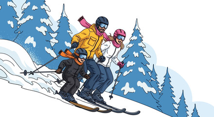 Family skiing down a snowy slope between pine trees.