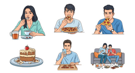 A collage of six illustrations depicting people enjoying various foods and drinks, including pizza, cake, and tea, in different settings.