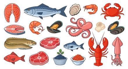 A vibrant collection of various seafood and fish, including salmon steaks, whole fish, shrimp, oysters, mussels, octopus, lobster, squid, and caviar.