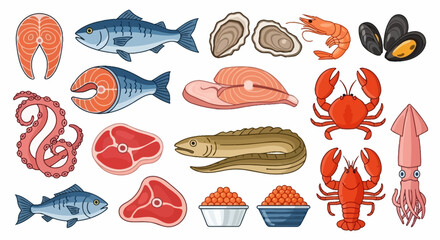 A vibrant collection of illustrated raw seafood and meat, including fish, shellfish, and steaks, isolated on a white background.