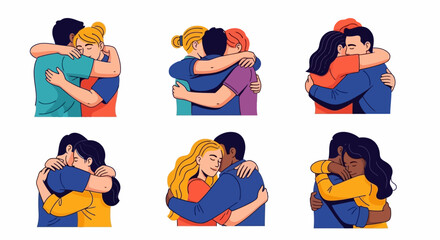 Diverse couples and friends embracing each other in a warm and comforting hug, symbolizing connection and support.