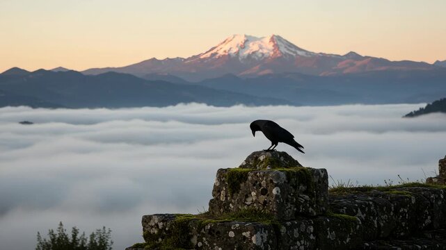 A stunning mountain landscape featuring a solitary bird perched on stone steps with dramatic clouds and a snow-capped peak in the background