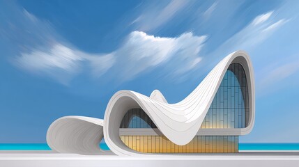 Modern architectural masterpiece featuring flowing curves and sleek glass facade, set against a vibrant blue sky and tranquil ocean, showcasing innovative design and contemporary aesthetics
