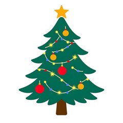 Bright vector illustration with a Christmas tree on a white background and a garland.