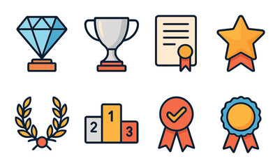 Set of achievement icons featuring trophies, medals, and certificates in vector style