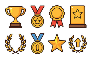 Collection of achievement symbols featuring trophies, medals, stars, and laurels