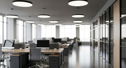 Sleek contemporary open office space flooded with natural light and modern design